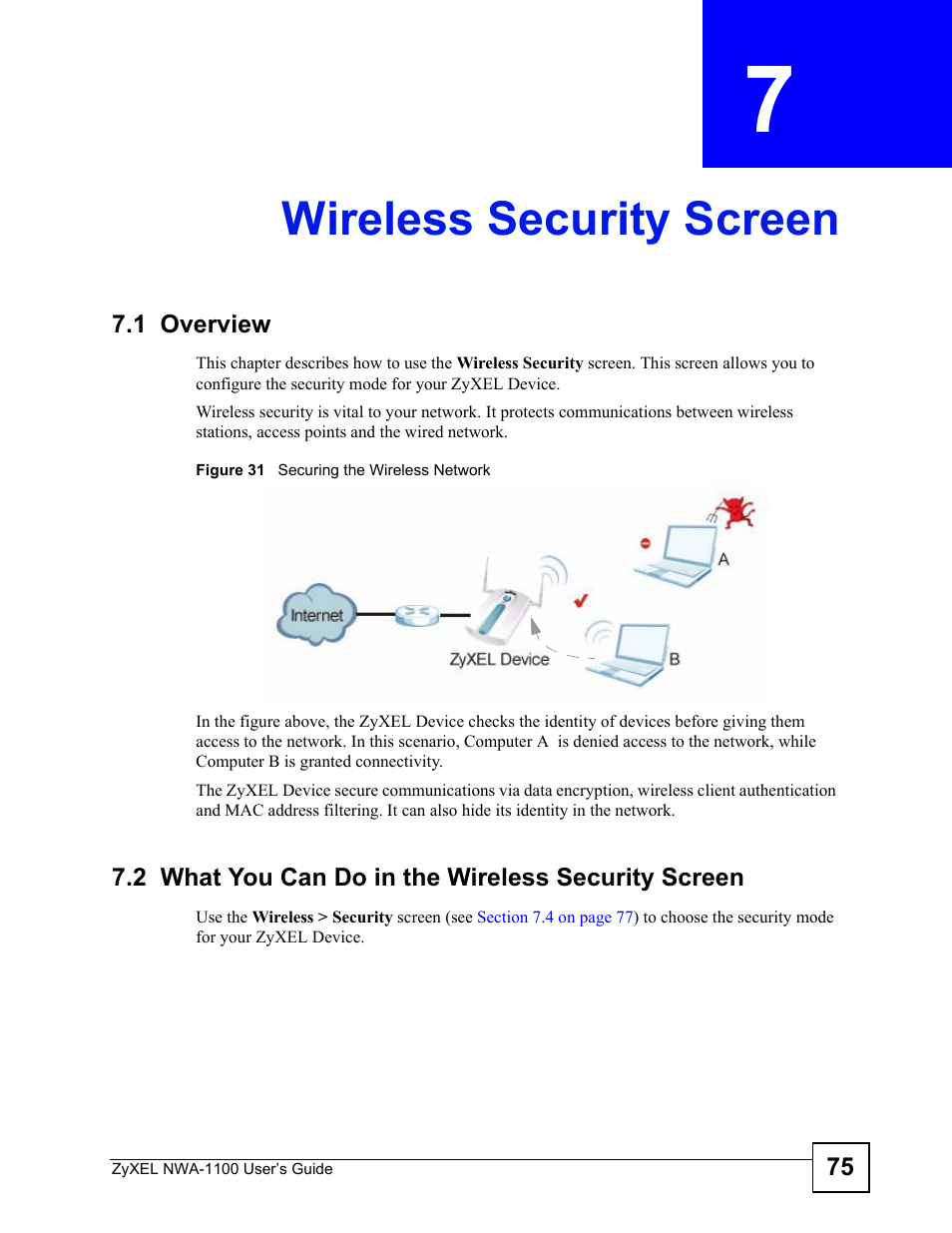 Wireless security screen, 1 overview, 2 what you can do in the wireless security screen | Chapter 7 wireless security screen, Figure 31 securing the wireless network, Wireless security screen (75) | ZyXEL Communications 802.11b/g Wireless Access Point NWA-1100 User Manual | Page 75 / 206