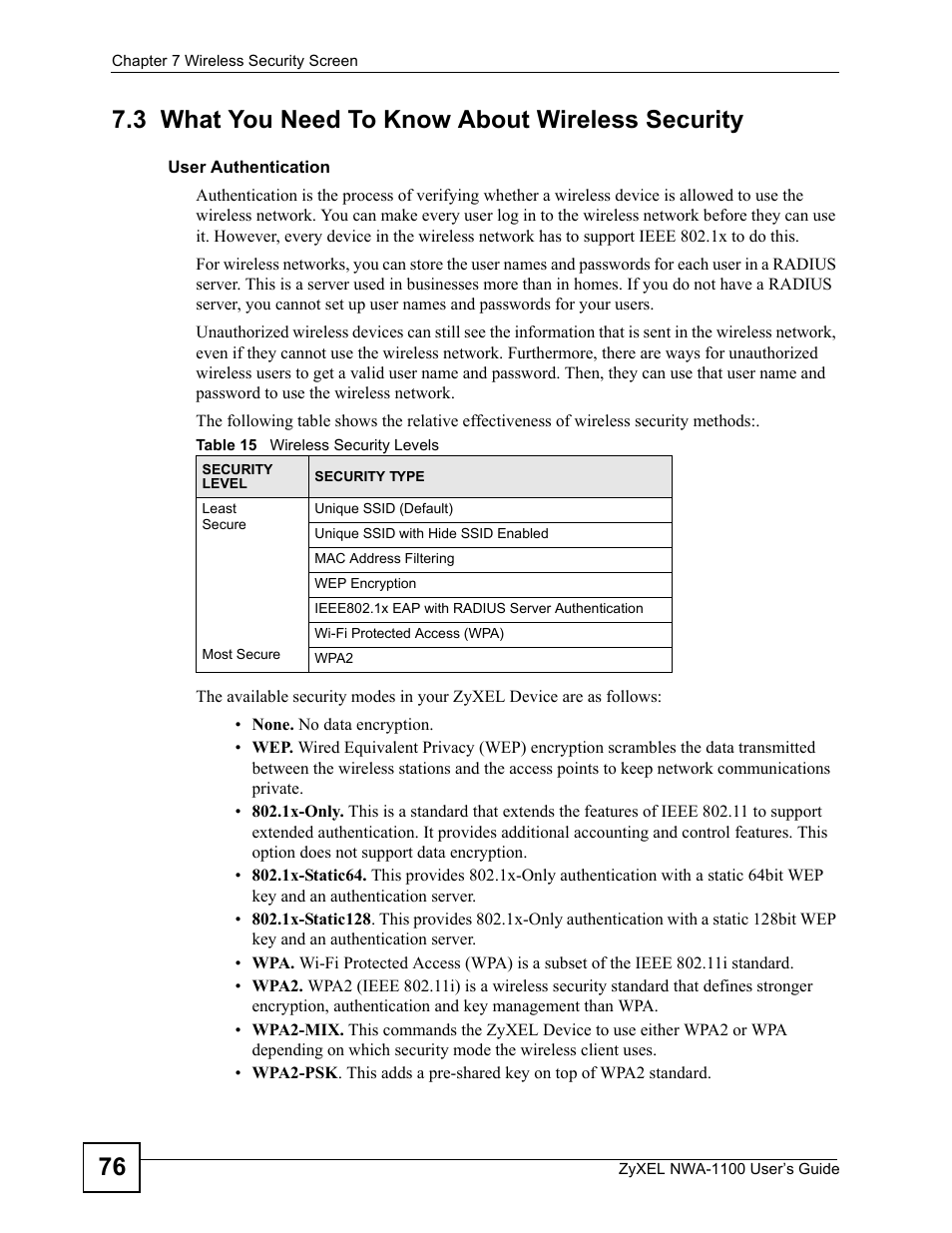 3 what you need to know about wireless security, Table 15 wireless security levels | ZyXEL Communications 802.11b/g Wireless Access Point NWA-1100 User Manual | Page 76 / 206