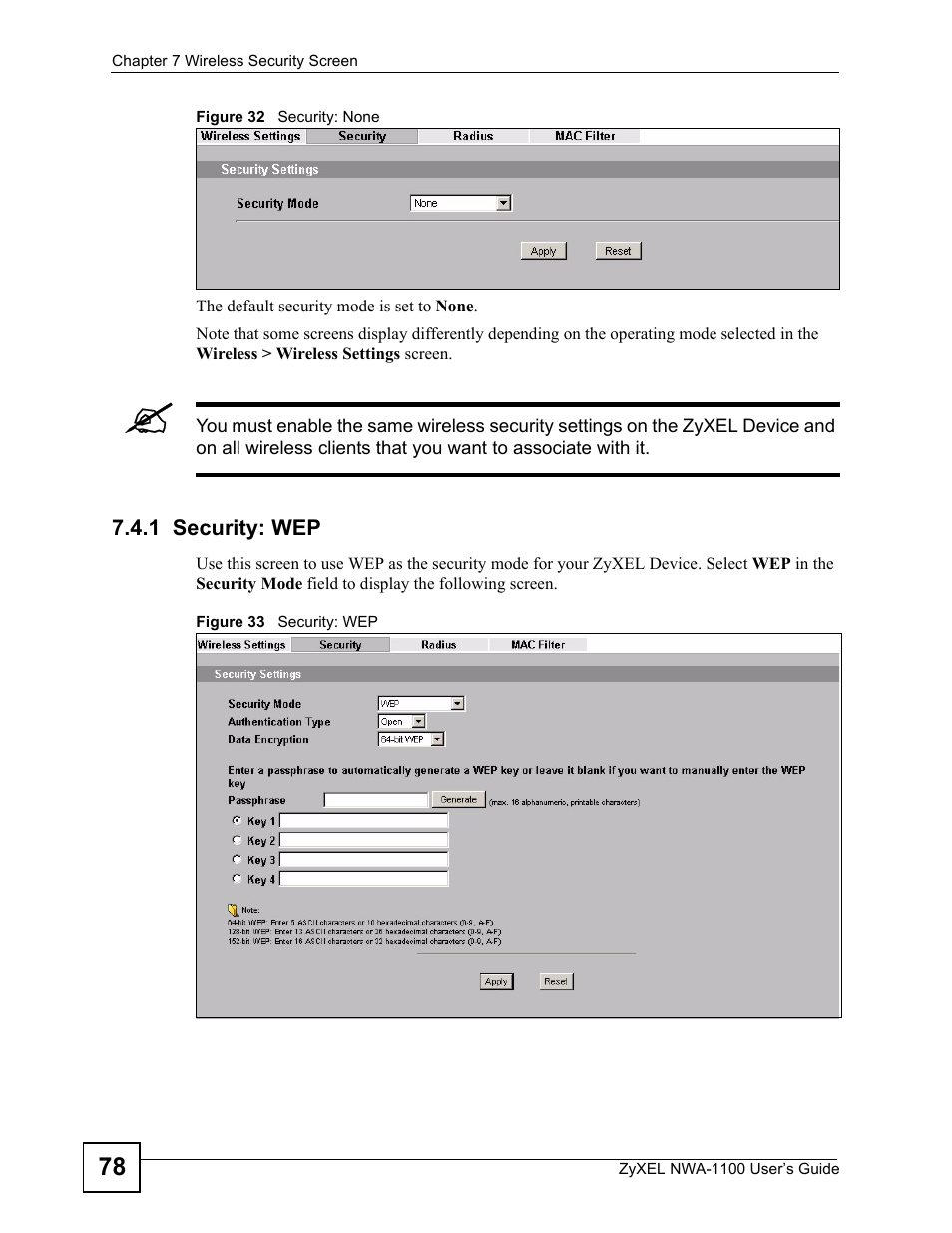 1 security: wep, Figure 32 security: none figure 33 security: wep | ZyXEL Communications 802.11b/g Wireless Access Point NWA-1100 User Manual | Page 78 / 206