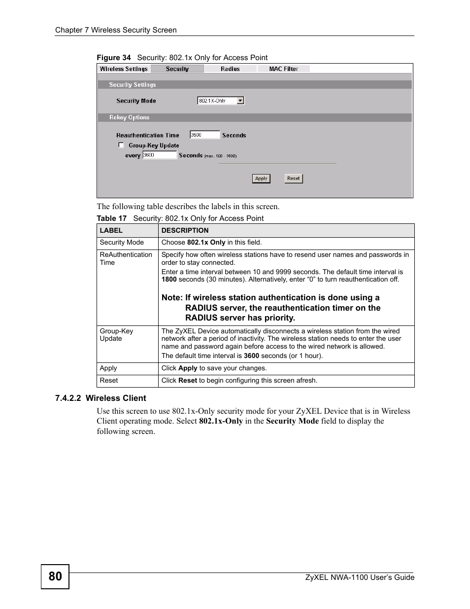 2 wireless client, Figure 34 security: 802.1x only for access point, Table 17 security: 802.1x only for access point | ZyXEL Communications 802.11b/g Wireless Access Point NWA-1100 User Manual | Page 80 / 206