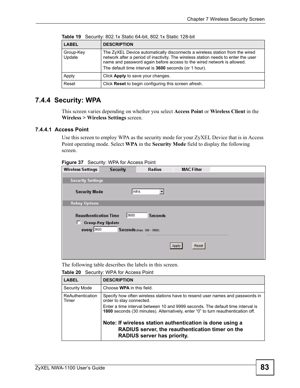 4 security: wpa, 1 access point, Figure 37 security: wpa for access point | Table 20 security: wpa for access point | ZyXEL Communications 802.11b/g Wireless Access Point NWA-1100 User Manual | Page 83 / 206