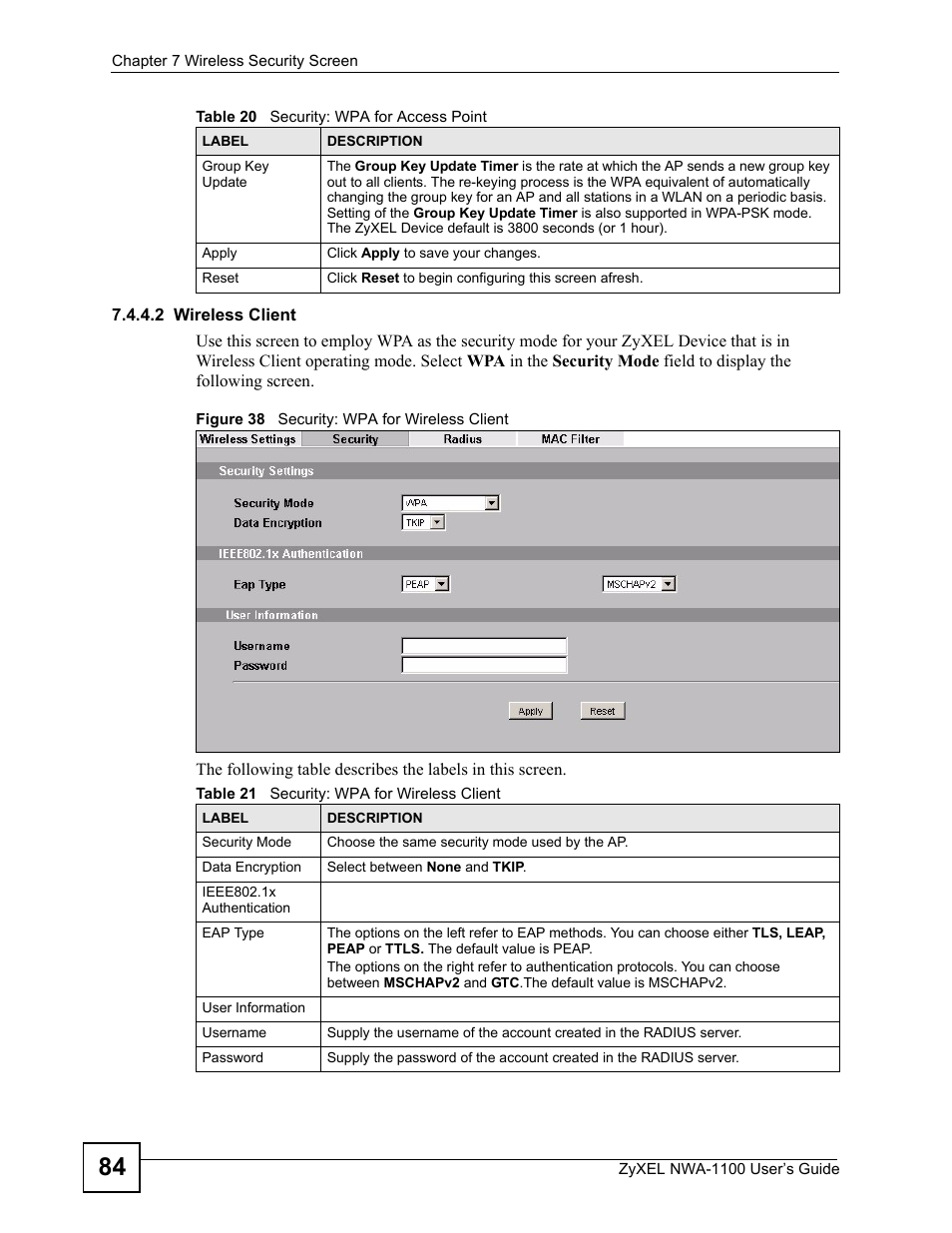 2 wireless client, Figure 38 security: wpa for wireless client, Table 21 security: wpa for wireless client | ZyXEL Communications 802.11b/g Wireless Access Point NWA-1100 User Manual | Page 84 / 206