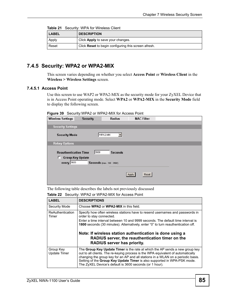 5 security: wpa2 or wpa2-mix, 1 access point | ZyXEL Communications 802.11b/g Wireless Access Point NWA-1100 User Manual | Page 85 / 206