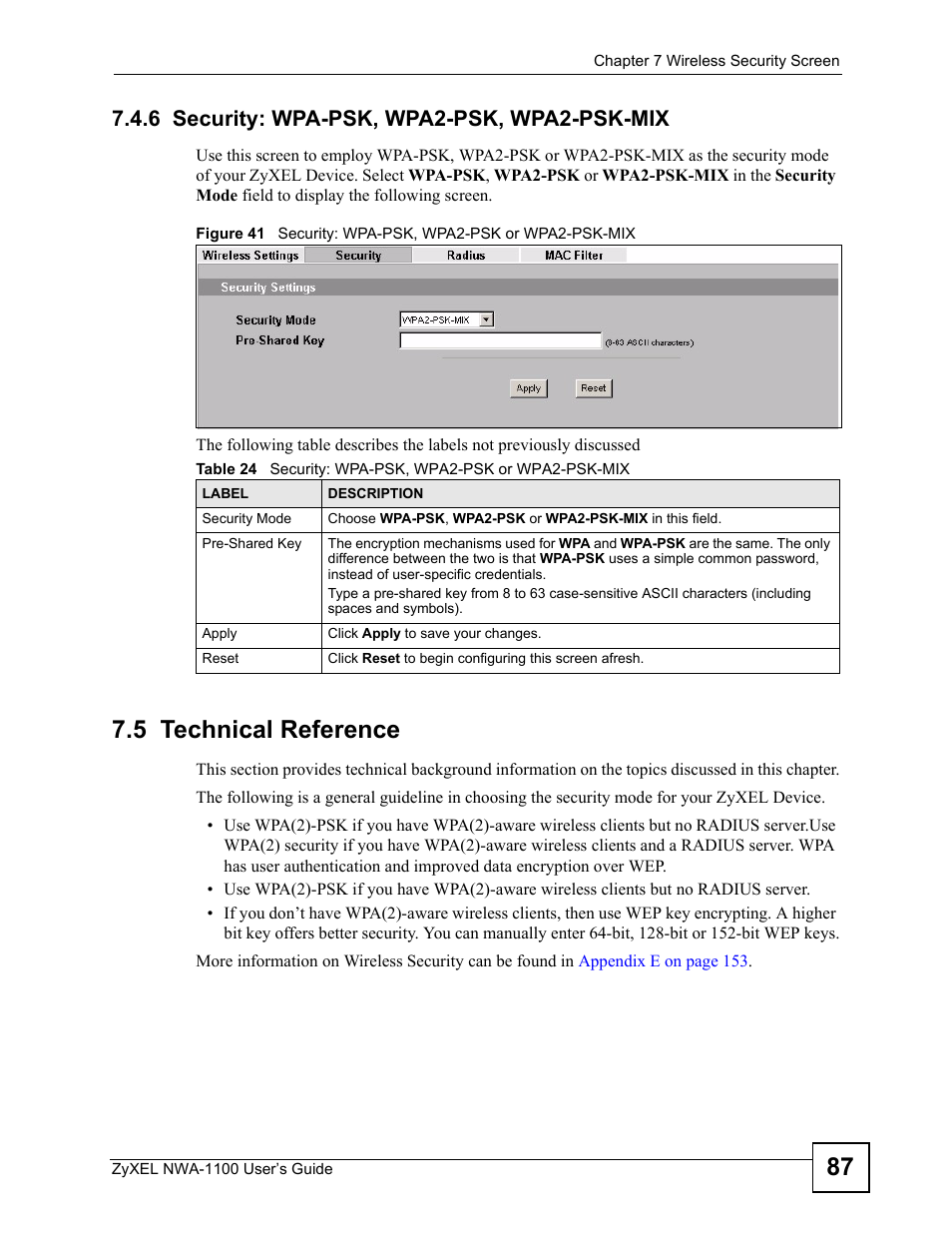 6 security: wpa-psk, wpa2-psk, wpa2-psk-mix, 5 technical reference | ZyXEL Communications 802.11b/g Wireless Access Point NWA-1100 User Manual | Page 87 / 206