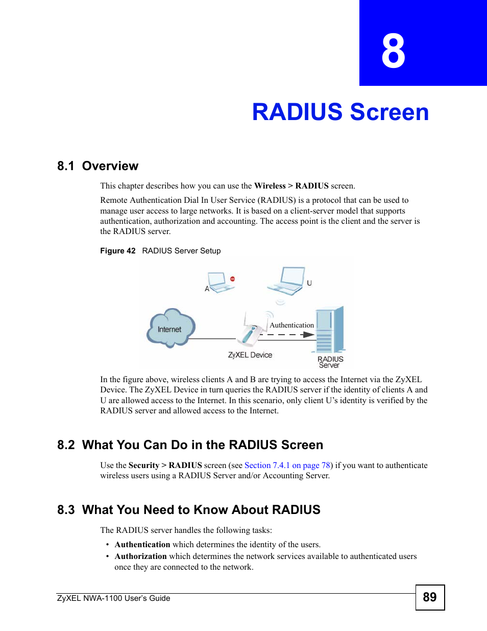 Radius screen, 1 overview, 2 what you can do in the radius screen | 3 what you need to know about radius, Chapter 8 radius screen, Figure 42 radius server setup, Radius screen (89) | ZyXEL Communications 802.11b/g Wireless Access Point NWA-1100 User Manual | Page 89 / 206