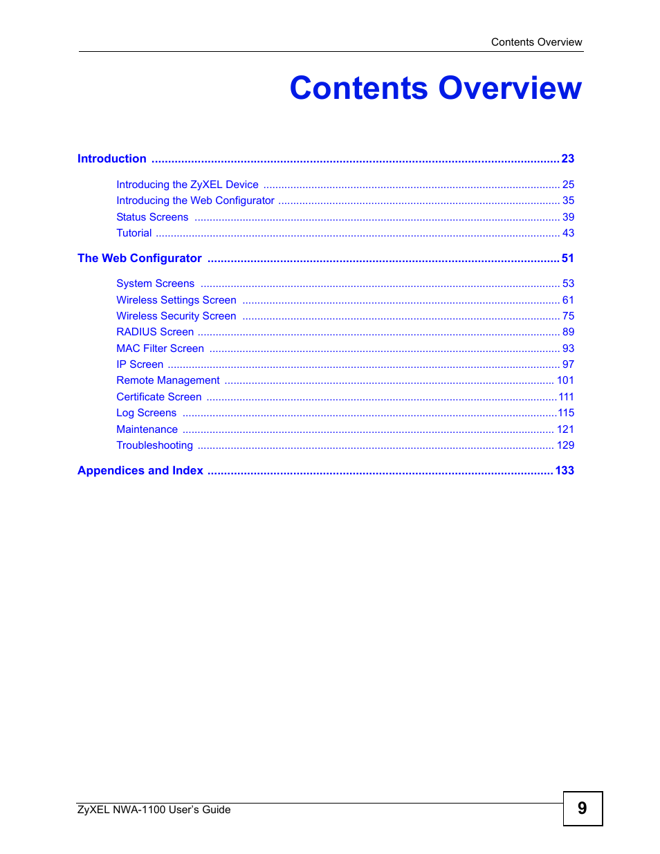 Contents overview | ZyXEL Communications 802.11b/g Wireless Access Point NWA-1100 User Manual | Page 9 / 206