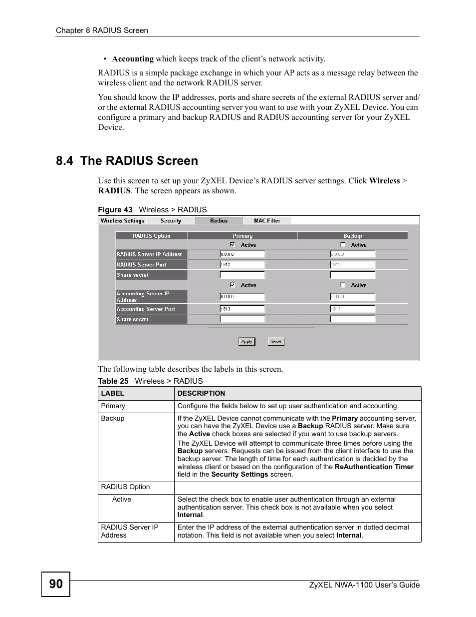 4 the radius screen, Figure 43 wireless > radius, Table 25 wireless > radius | ZyXEL Communications 802.11b/g Wireless Access Point NWA-1100 User Manual | Page 90 / 206