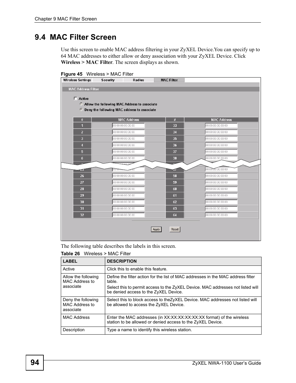 4 mac filter screen, Figure 45 wireless > mac filter, Table 26 wireless > mac filter | 94 9.4 mac filter screen | ZyXEL Communications 802.11b/g Wireless Access Point NWA-1100 User Manual | Page 94 / 206