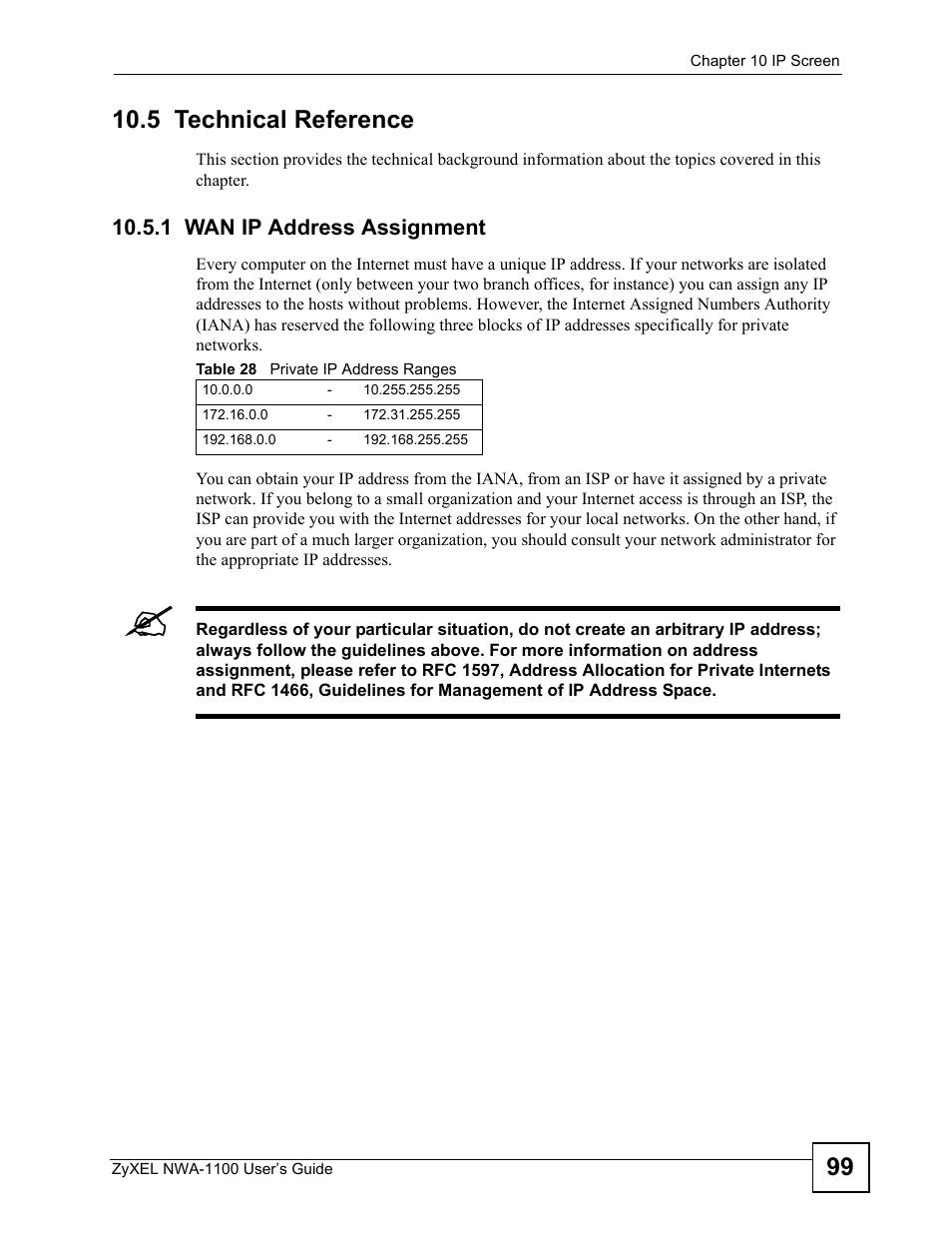 5 technical reference, 1 wan ip address assignment, Table 28 private ip address ranges | ZyXEL Communications 802.11b/g Wireless Access Point NWA-1100 User Manual | Page 99 / 206