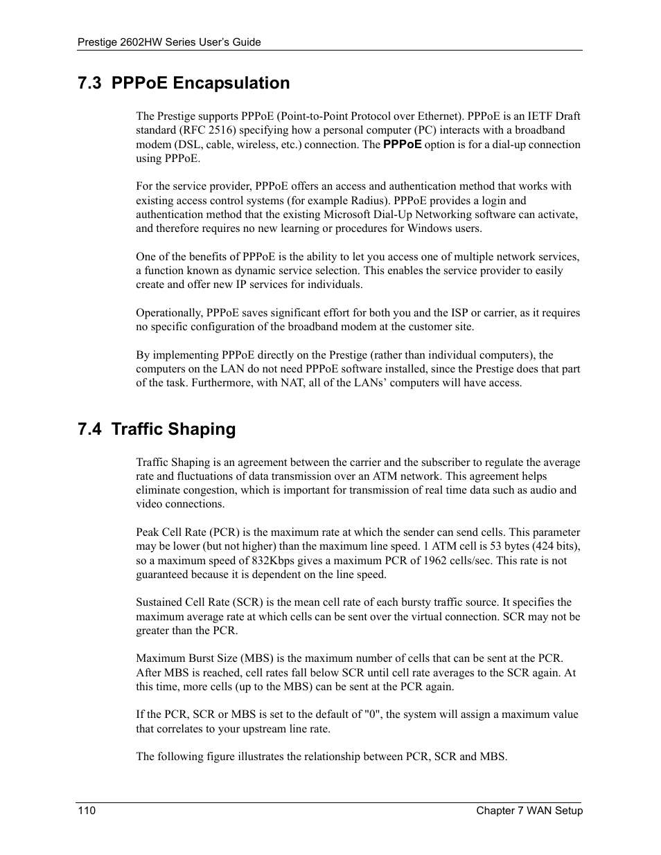 3 pppoe encapsulation, 4 traffic shaping, 3 pppoe encapsulation 7.4 traffic shaping | ZyXEL Communications ADSL VoIP IAD with 802.11g Wireless 2602HW Series User Manual | Page 110 / 519