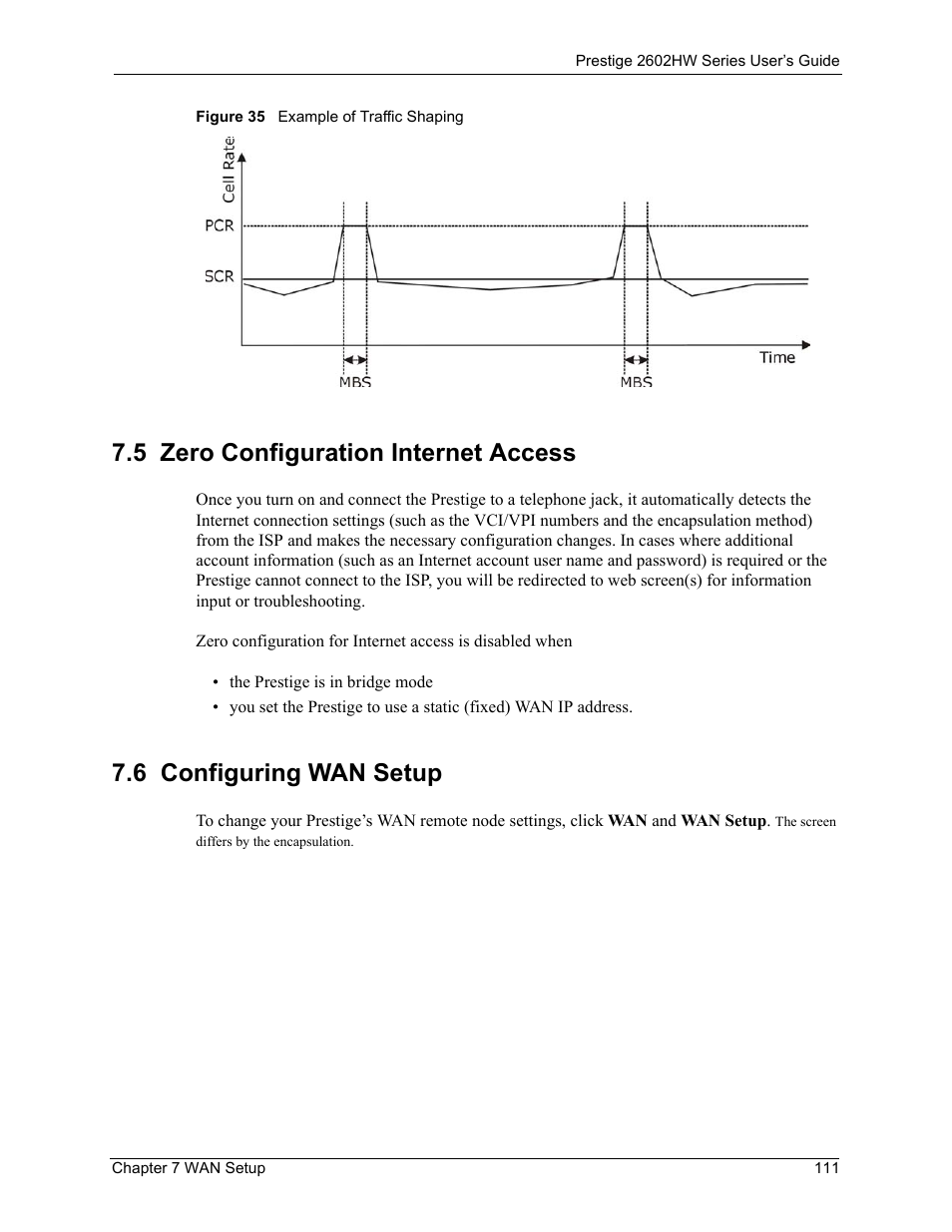 5 zero configuration internet access, 6 configuring wan setup, Figure 35 example of traffic shaping | ZyXEL Communications ADSL VoIP IAD with 802.11g Wireless 2602HW Series User Manual | Page 111 / 519