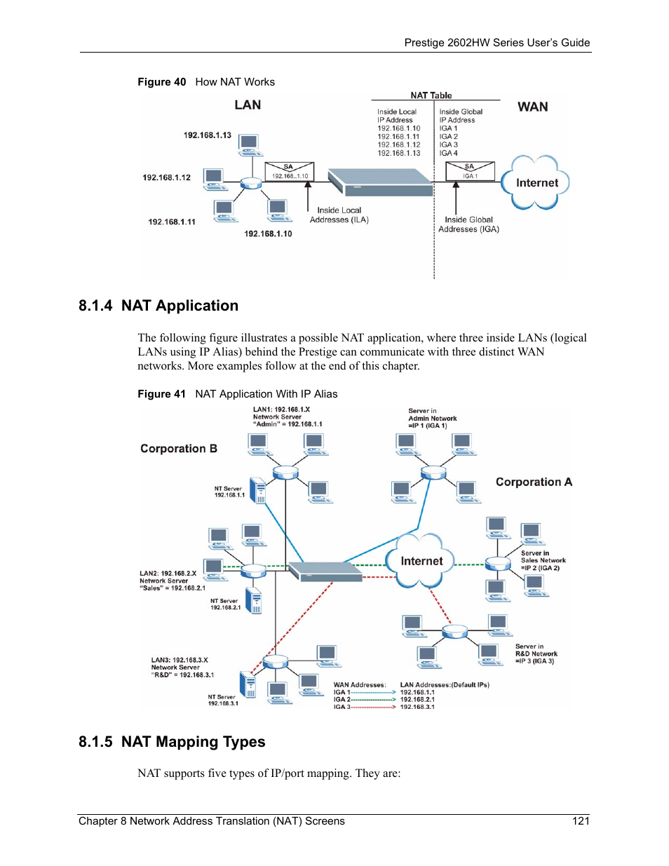 4 nat application, 5 nat mapping types, 4 nat application 8.1.5 nat mapping types | ZyXEL Communications ADSL VoIP IAD with 802.11g Wireless 2602HW Series User Manual | Page 121 / 519