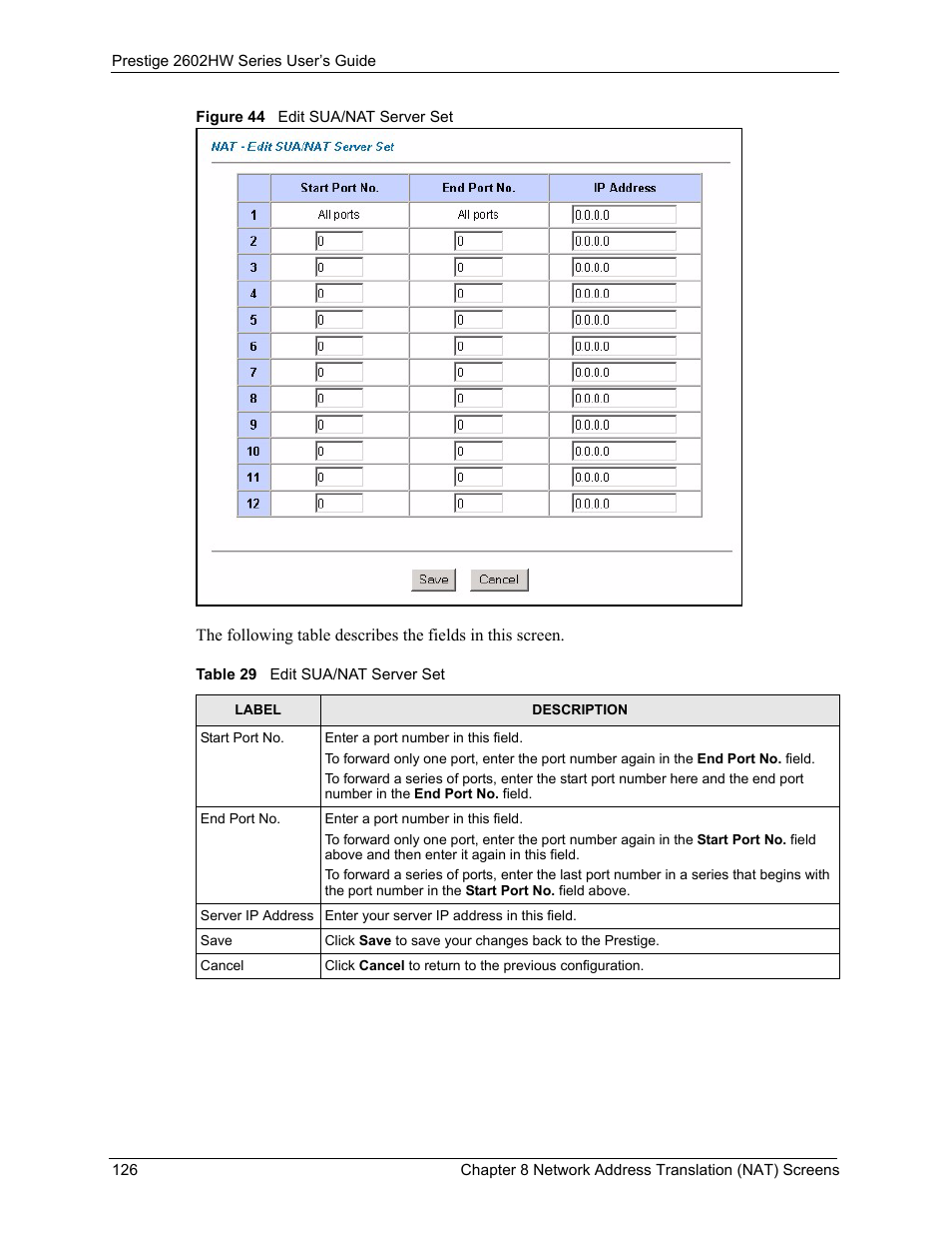 Figure 44 edit sua/nat server set, Table 29 edit sua/nat server set | ZyXEL Communications ADSL VoIP IAD with 802.11g Wireless 2602HW Series User Manual | Page 126 / 519