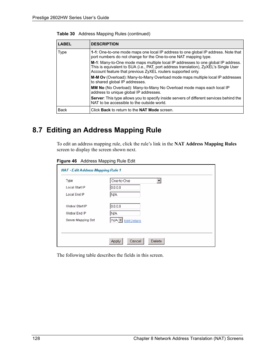 7 editing an address mapping rule, Figure 46 address mapping rule edit | ZyXEL Communications ADSL VoIP IAD with 802.11g Wireless 2602HW Series User Manual | Page 128 / 519
