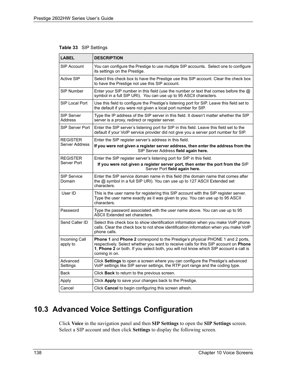 3 advanced voice settings configuration, Table 33 sip settings | ZyXEL Communications ADSL VoIP IAD with 802.11g Wireless 2602HW Series User Manual | Page 138 / 519