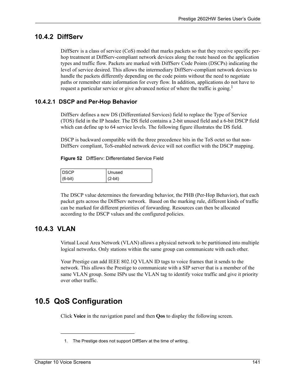 2 diffserv, 1 dscp and per-hop behavior, 3 vlan | 5 qos configuration, Figure 52 diffserv: differentiated service field | ZyXEL Communications ADSL VoIP IAD with 802.11g Wireless 2602HW Series User Manual | Page 141 / 519