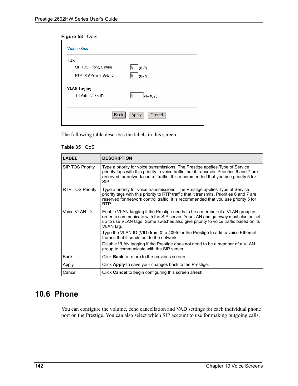 6 phone, Figure 53 qos, Table 35 qos | ZyXEL Communications ADSL VoIP IAD with 802.11g Wireless 2602HW Series User Manual | Page 142 / 519