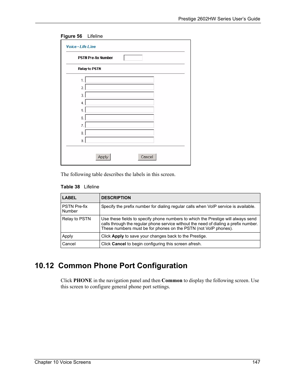 12 common phone port configuration, Figure 56 lifeline, Table 38 lifeline | ZyXEL Communications ADSL VoIP IAD with 802.11g Wireless 2602HW Series User Manual | Page 147 / 519