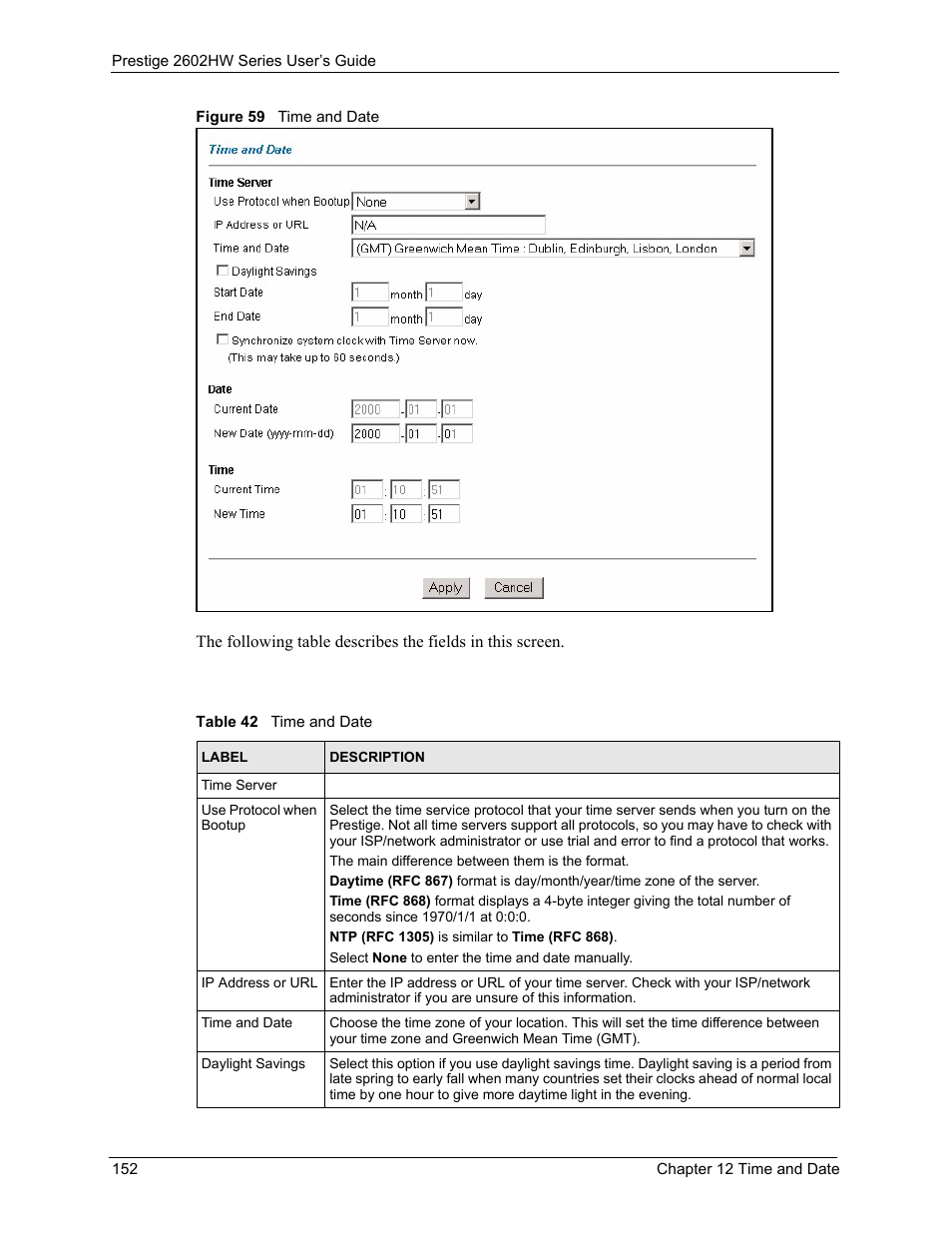 Figure 59 time and date, Table 42 time and date | ZyXEL Communications ADSL VoIP IAD with 802.11g Wireless 2602HW Series User Manual | Page 152 / 519