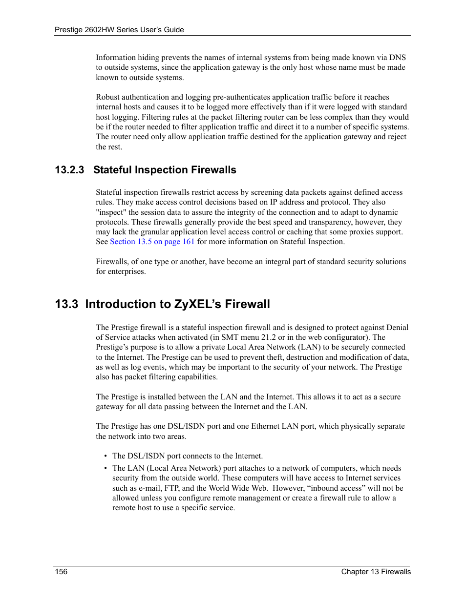3 stateful inspection firewalls, 3 introduction to zyxel’s firewall | ZyXEL Communications ADSL VoIP IAD with 802.11g Wireless 2602HW Series User Manual | Page 156 / 519