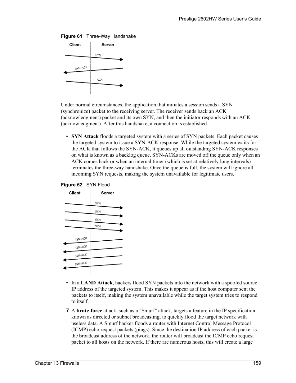 Figure 61 three-way handshake figure 62 syn flood | ZyXEL Communications ADSL VoIP IAD with 802.11g Wireless 2602HW Series User Manual | Page 159 / 519