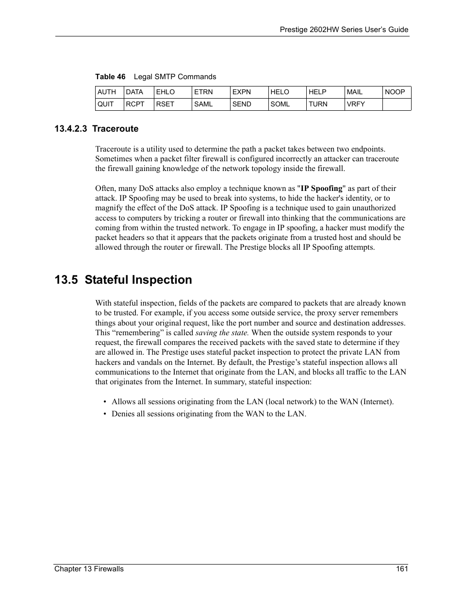 3 traceroute, 5 stateful inspection, Table 46 legal smtp commands | ZyXEL Communications ADSL VoIP IAD with 802.11g Wireless 2602HW Series User Manual | Page 161 / 519