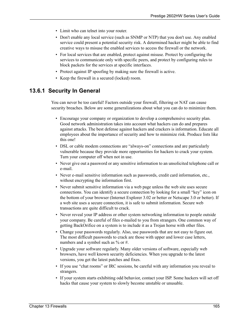 1 security in general | ZyXEL Communications ADSL VoIP IAD with 802.11g Wireless 2602HW Series User Manual | Page 165 / 519