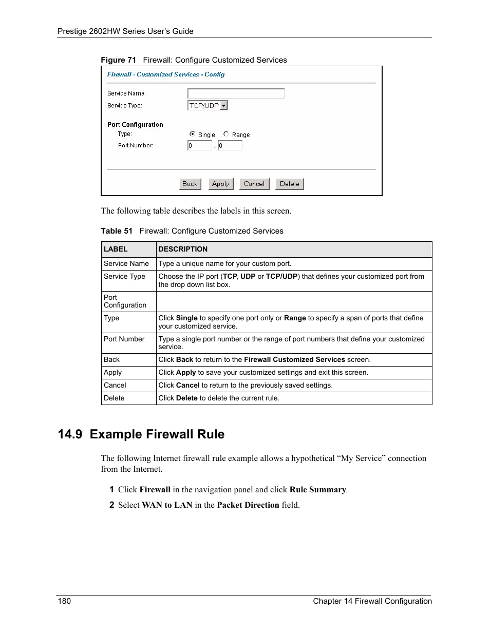 9 example firewall rule, Figure 71 firewall: configure customized services, Table 51 firewall: configure customized services | ZyXEL Communications ADSL VoIP IAD with 802.11g Wireless 2602HW Series User Manual | Page 180 / 519