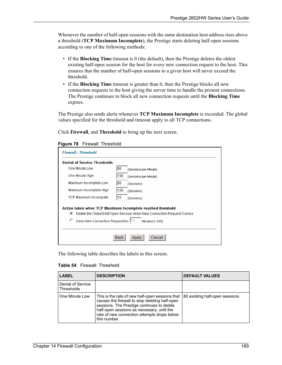 Figure 78 firewall: threshold, Table 54 firewall: threshold | ZyXEL Communications ADSL VoIP IAD with 802.11g Wireless 2602HW Series User Manual | Page 189 / 519