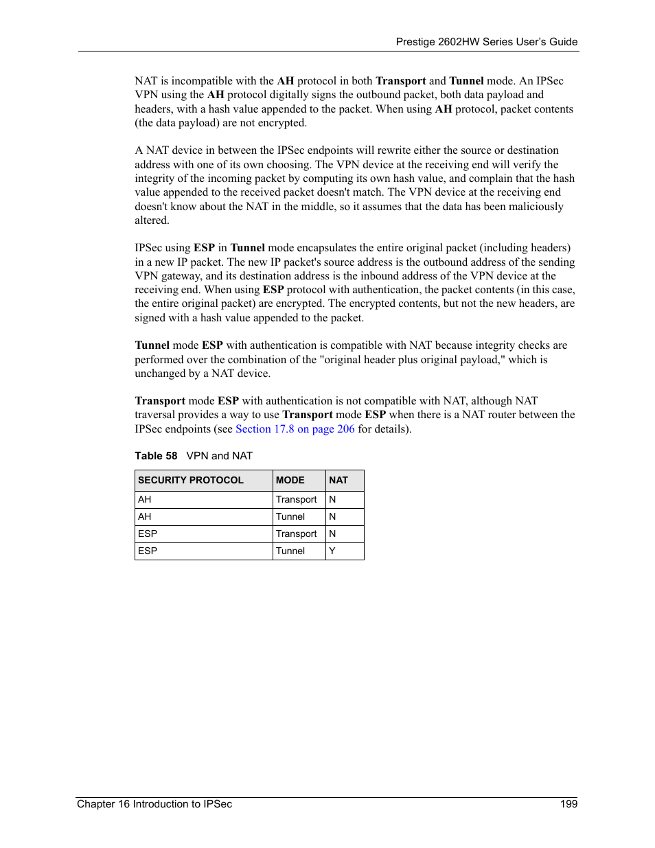 Table 58 vpn and nat | ZyXEL Communications ADSL VoIP IAD with 802.11g Wireless 2602HW Series User Manual | Page 199 / 519