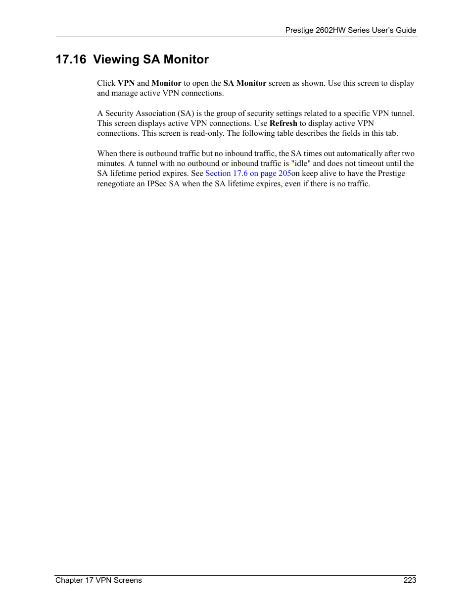 16 viewing sa monitor | ZyXEL Communications ADSL VoIP IAD with 802.11g Wireless 2602HW Series User Manual | Page 223 / 519