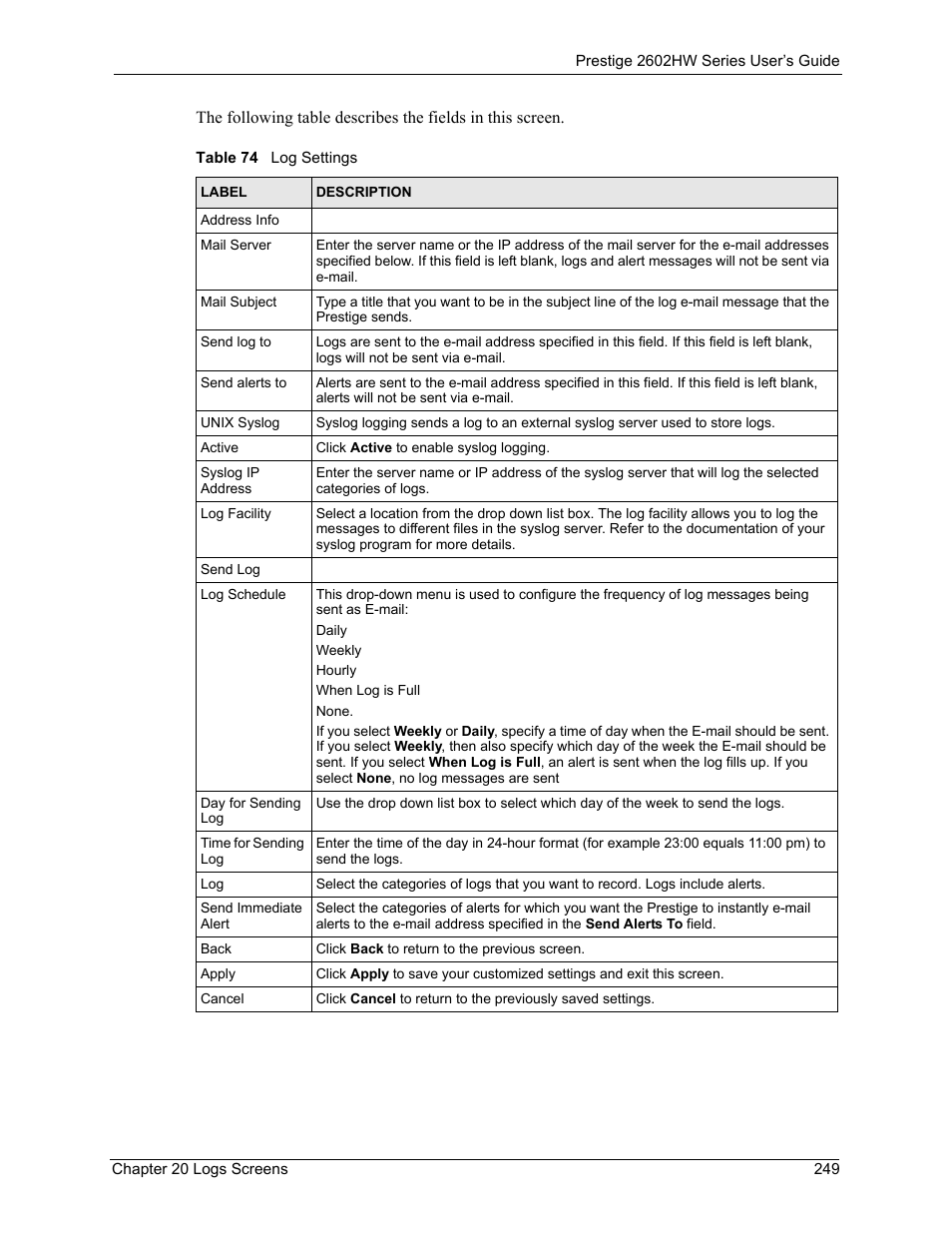 Table 74 log settings | ZyXEL Communications ADSL VoIP IAD with 802.11g Wireless 2602HW Series User Manual | Page 249 / 519