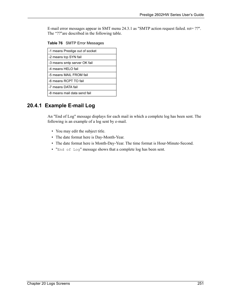 1 example e-mail log, Table 76 smtp error messages | ZyXEL Communications ADSL VoIP IAD with 802.11g Wireless 2602HW Series User Manual | Page 251 / 519