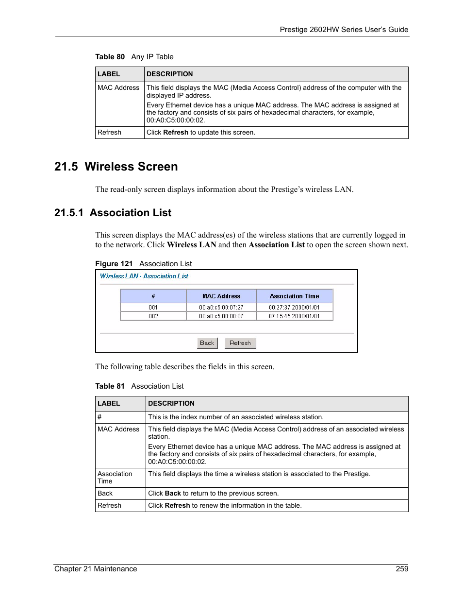 5 wireless screen, 1 association list, Figure 121 association list | Table 81 association list | ZyXEL Communications ADSL VoIP IAD with 802.11g Wireless 2602HW Series User Manual | Page 259 / 519