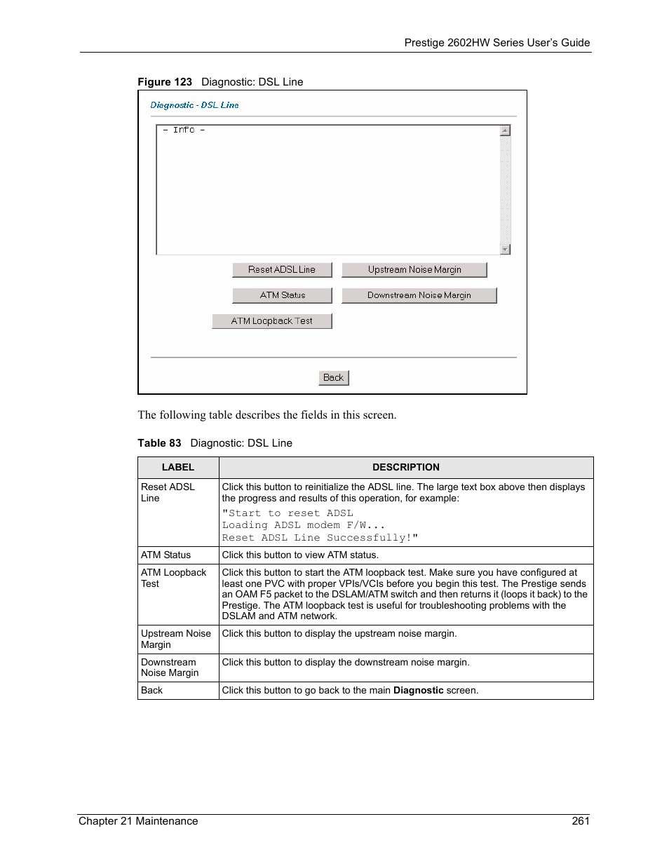 Figure 123 diagnostic: dsl line, Table 83 diagnostic: dsl line | ZyXEL Communications ADSL VoIP IAD with 802.11g Wireless 2602HW Series User Manual | Page 261 / 519