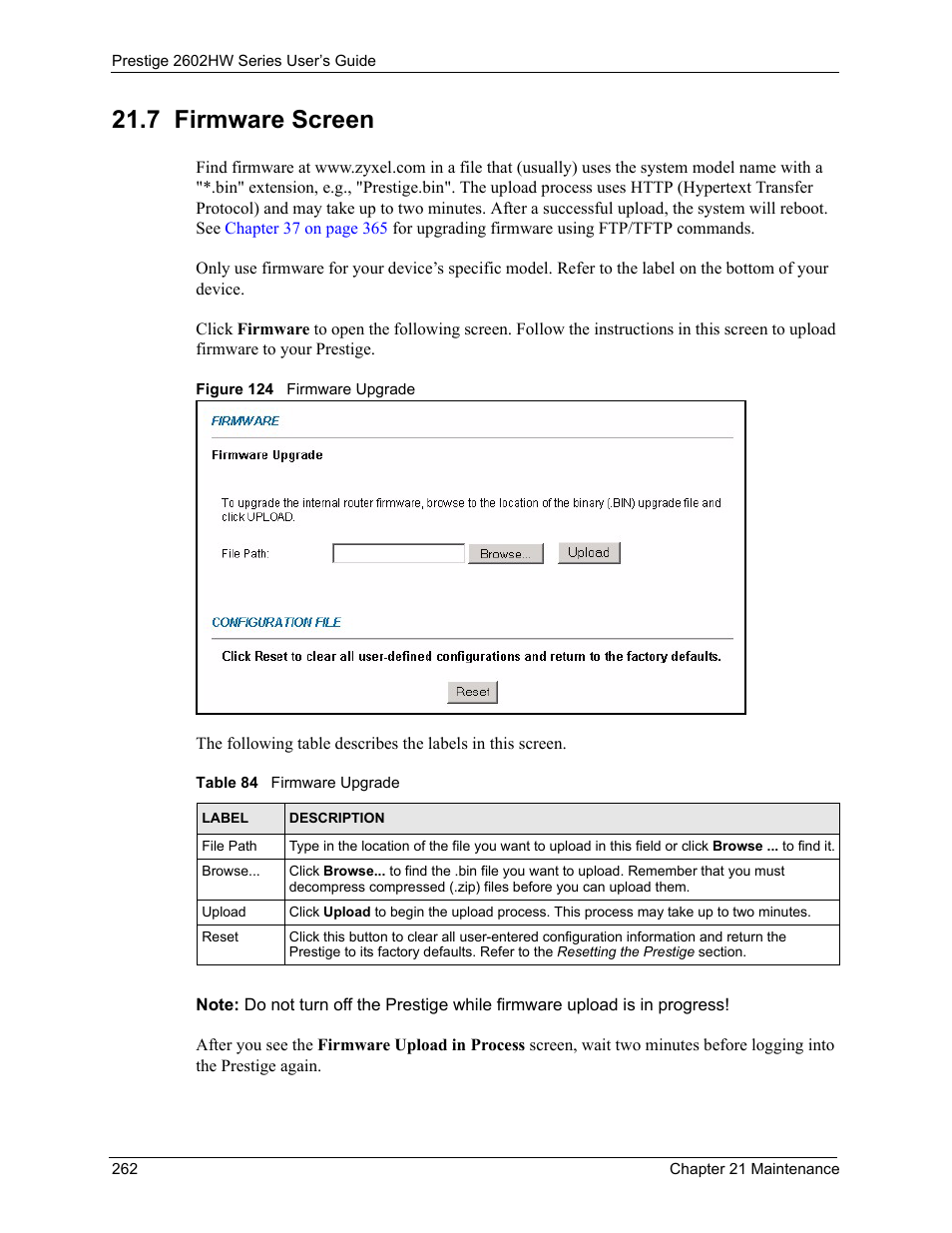 7 firmware screen, Figure 124 firmware upgrade, Table 84 firmware upgrade | ZyXEL Communications ADSL VoIP IAD with 802.11g Wireless 2602HW Series User Manual | Page 262 / 519