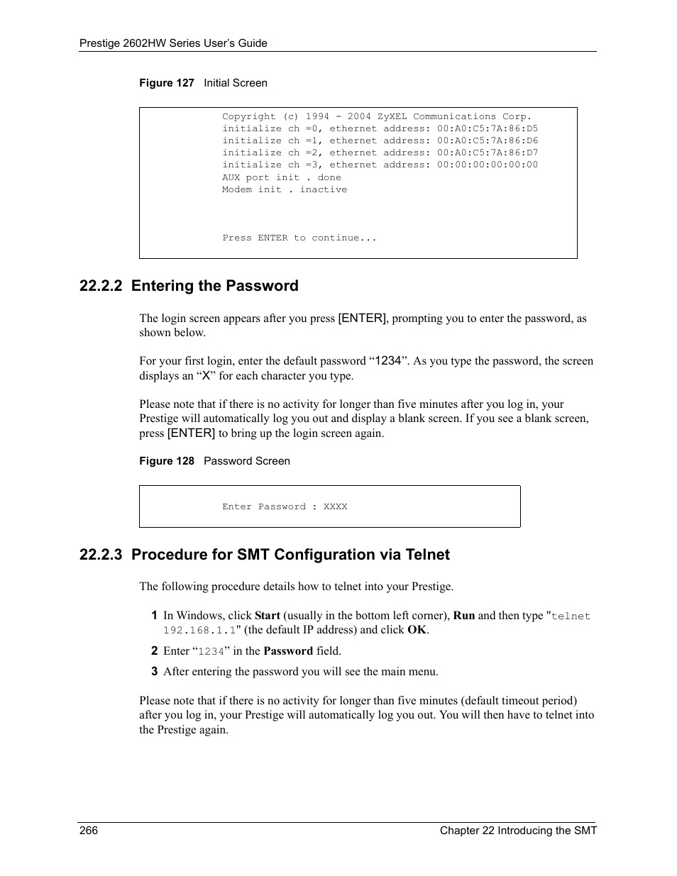 2 entering the password, 3 procedure for smt configuration via telnet | ZyXEL Communications ADSL VoIP IAD with 802.11g Wireless 2602HW Series User Manual | Page 266 / 519