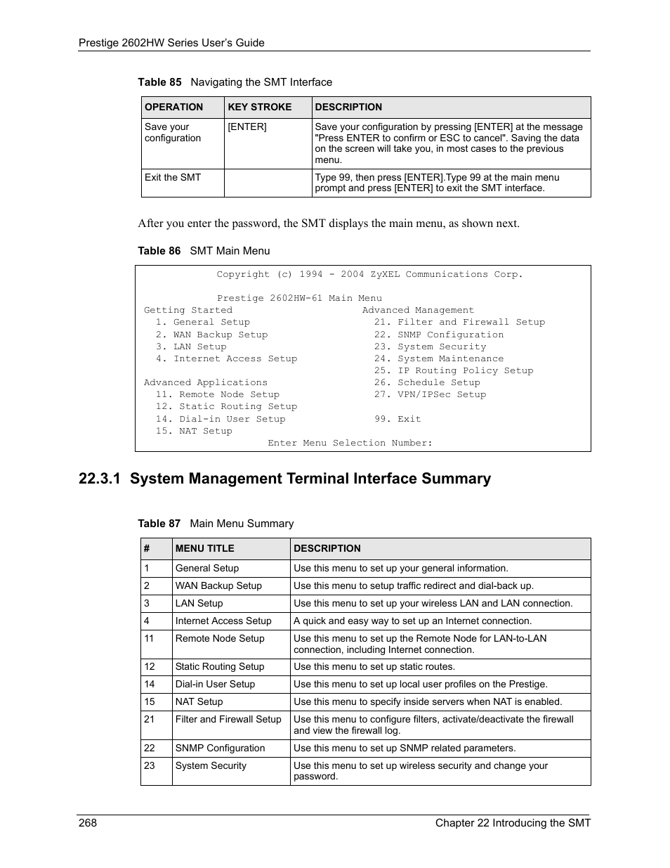 1 system management terminal interface summary, Table 86 smt main menu table 87 main menu summary | ZyXEL Communications ADSL VoIP IAD with 802.11g Wireless 2602HW Series User Manual | Page 268 / 519