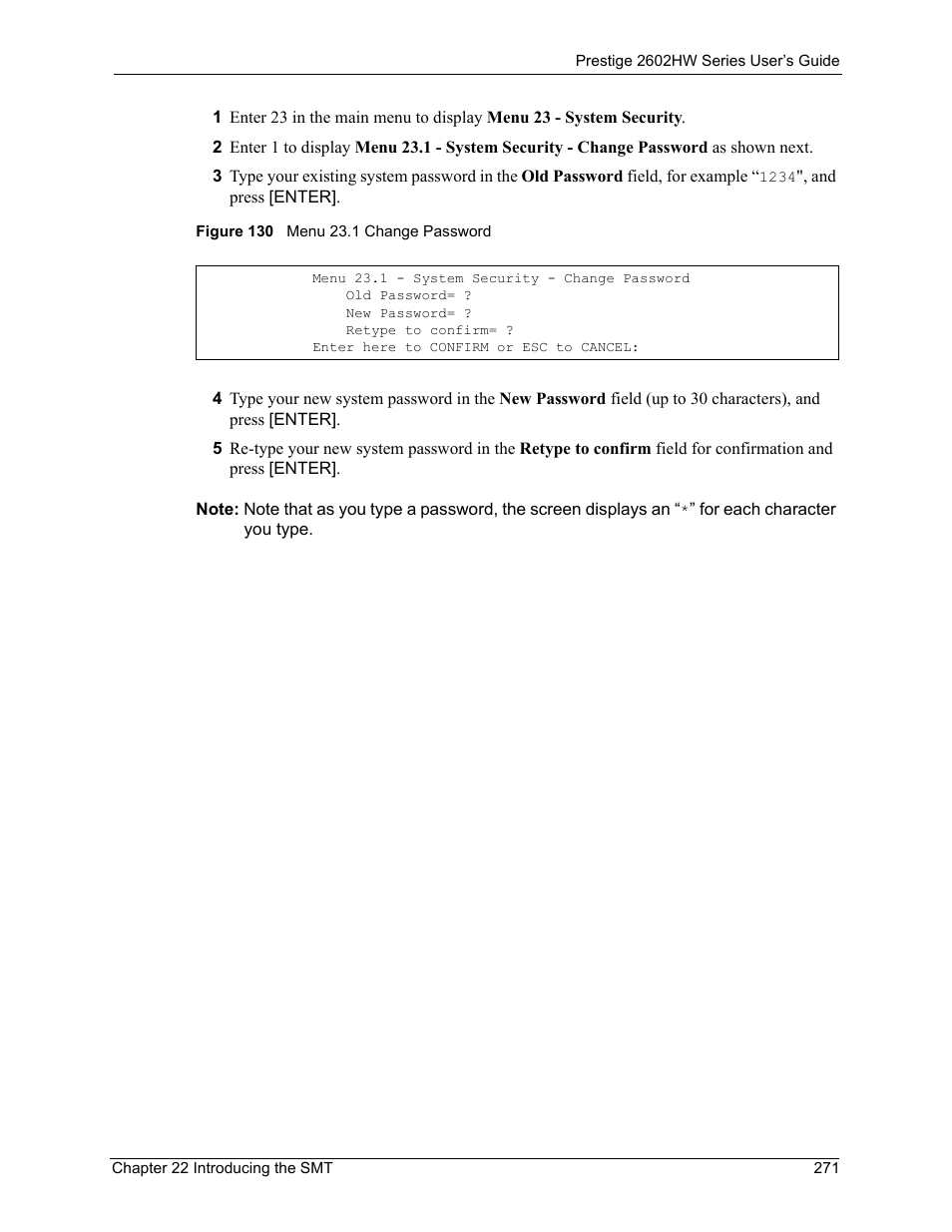 Figure 130 menu 23.1 change password | ZyXEL Communications ADSL VoIP IAD with 802.11g Wireless 2602HW Series User Manual | Page 271 / 519