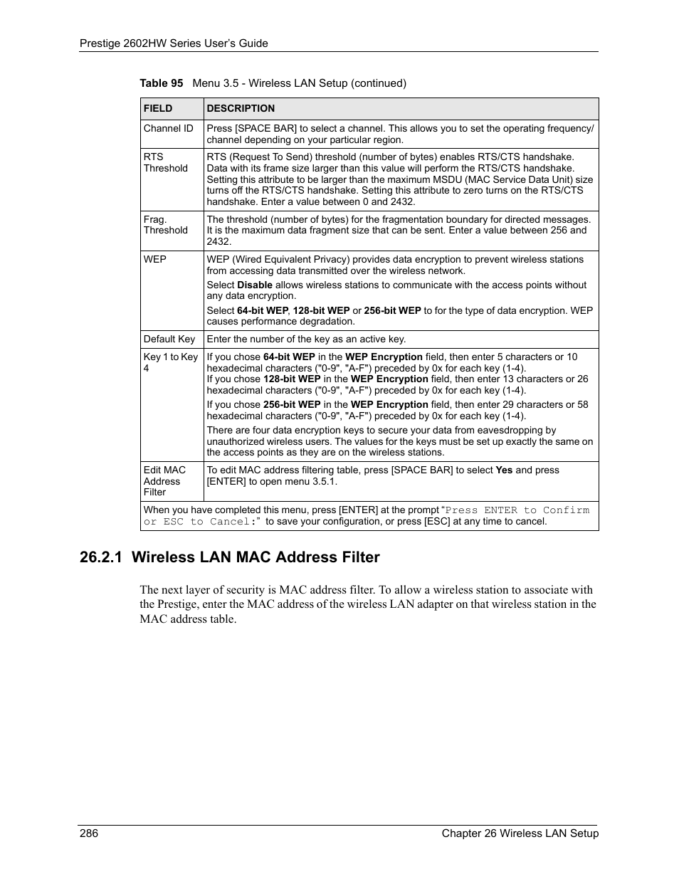 1 wireless lan mac address filter | ZyXEL Communications ADSL VoIP IAD with 802.11g Wireless 2602HW Series User Manual | Page 286 / 519