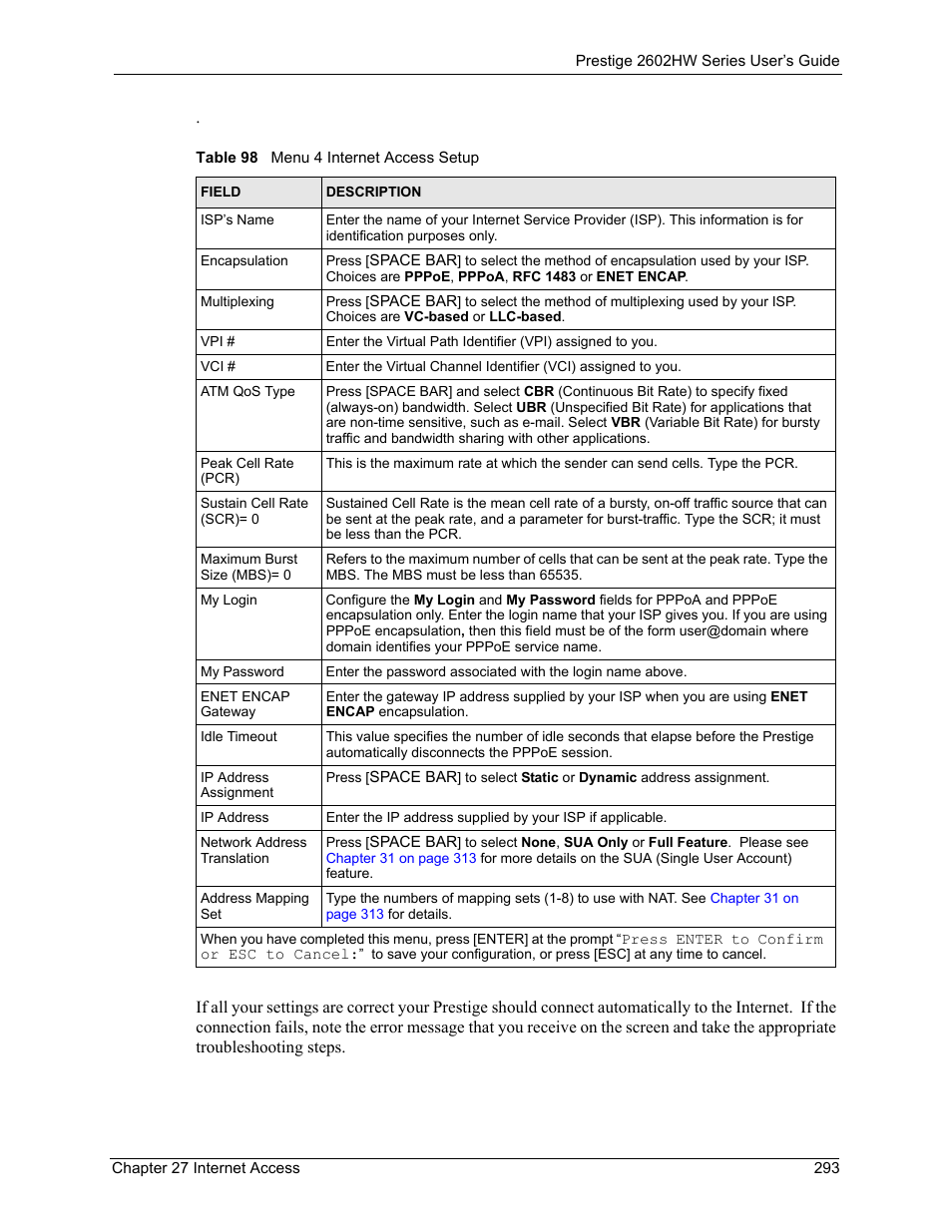 Table 98 menu 4 internet access setup | ZyXEL Communications ADSL VoIP IAD with 802.11g Wireless 2602HW Series User Manual | Page 293 / 519