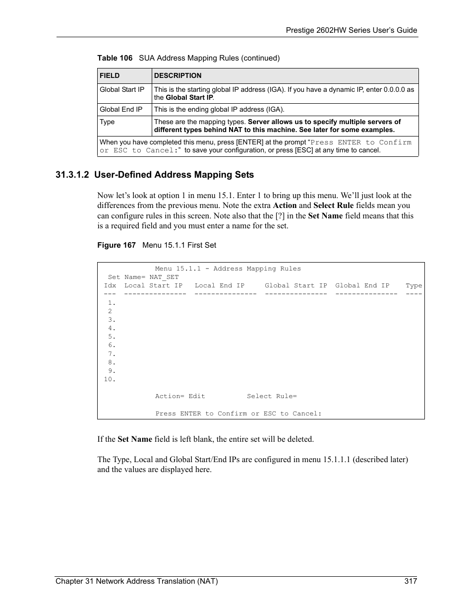 2 user-defined address mapping sets, Figure 167 menu 15.1.1 first set | ZyXEL Communications ADSL VoIP IAD with 802.11g Wireless 2602HW Series User Manual | Page 317 / 519