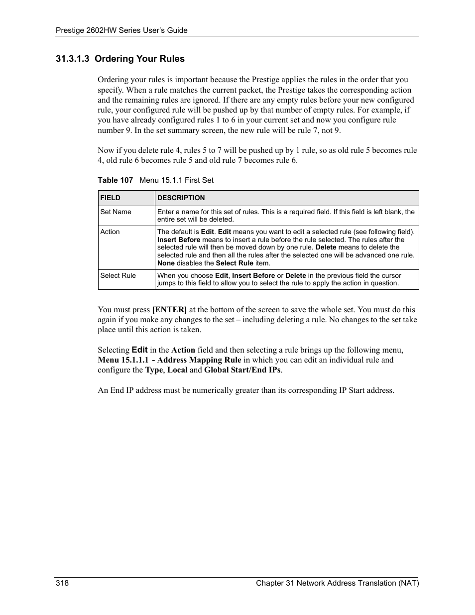 3 ordering your rules, Table 107 menu 15.1.1 first set | ZyXEL Communications ADSL VoIP IAD with 802.11g Wireless 2602HW Series User Manual | Page 318 / 519