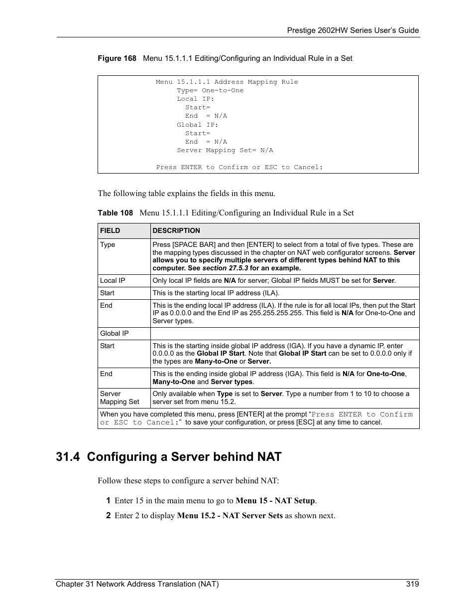 4 configuring a server behind nat | ZyXEL Communications ADSL VoIP IAD with 802.11g Wireless 2602HW Series User Manual | Page 319 / 519