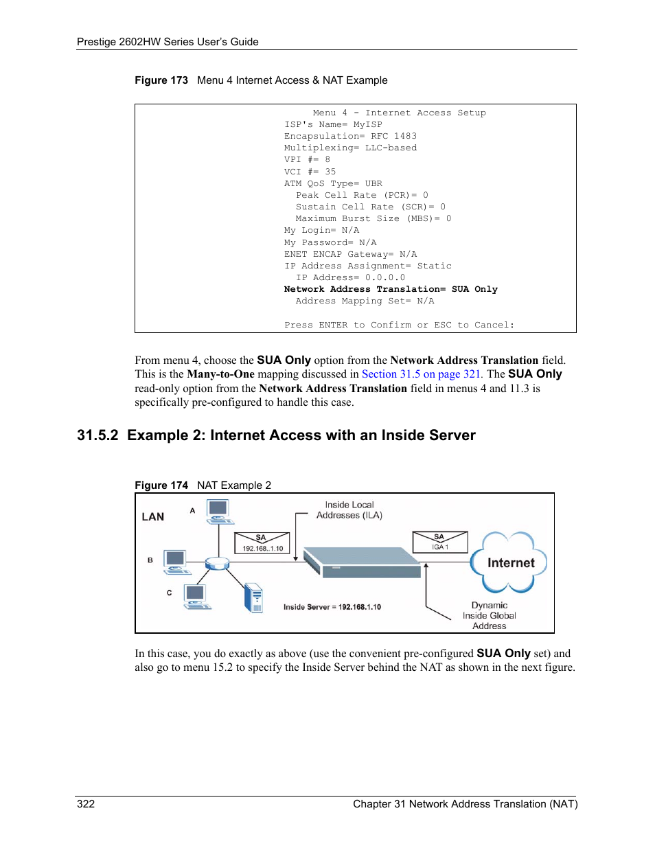2 example 2: internet access with an inside server | ZyXEL Communications ADSL VoIP IAD with 802.11g Wireless 2602HW Series User Manual | Page 322 / 519