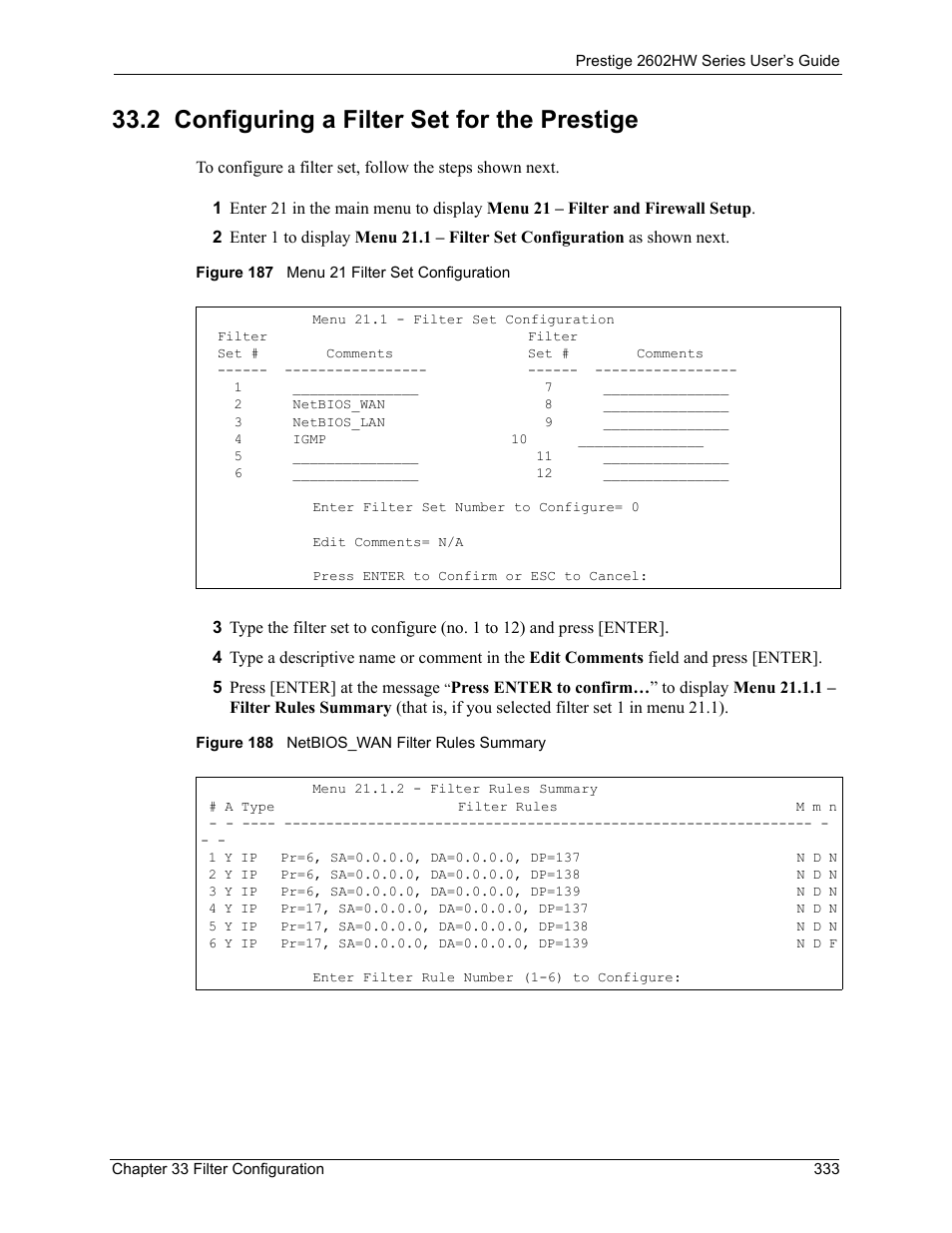 2 configuring a filter set for the prestige | ZyXEL Communications ADSL VoIP IAD with 802.11g Wireless 2602HW Series User Manual | Page 333 / 519