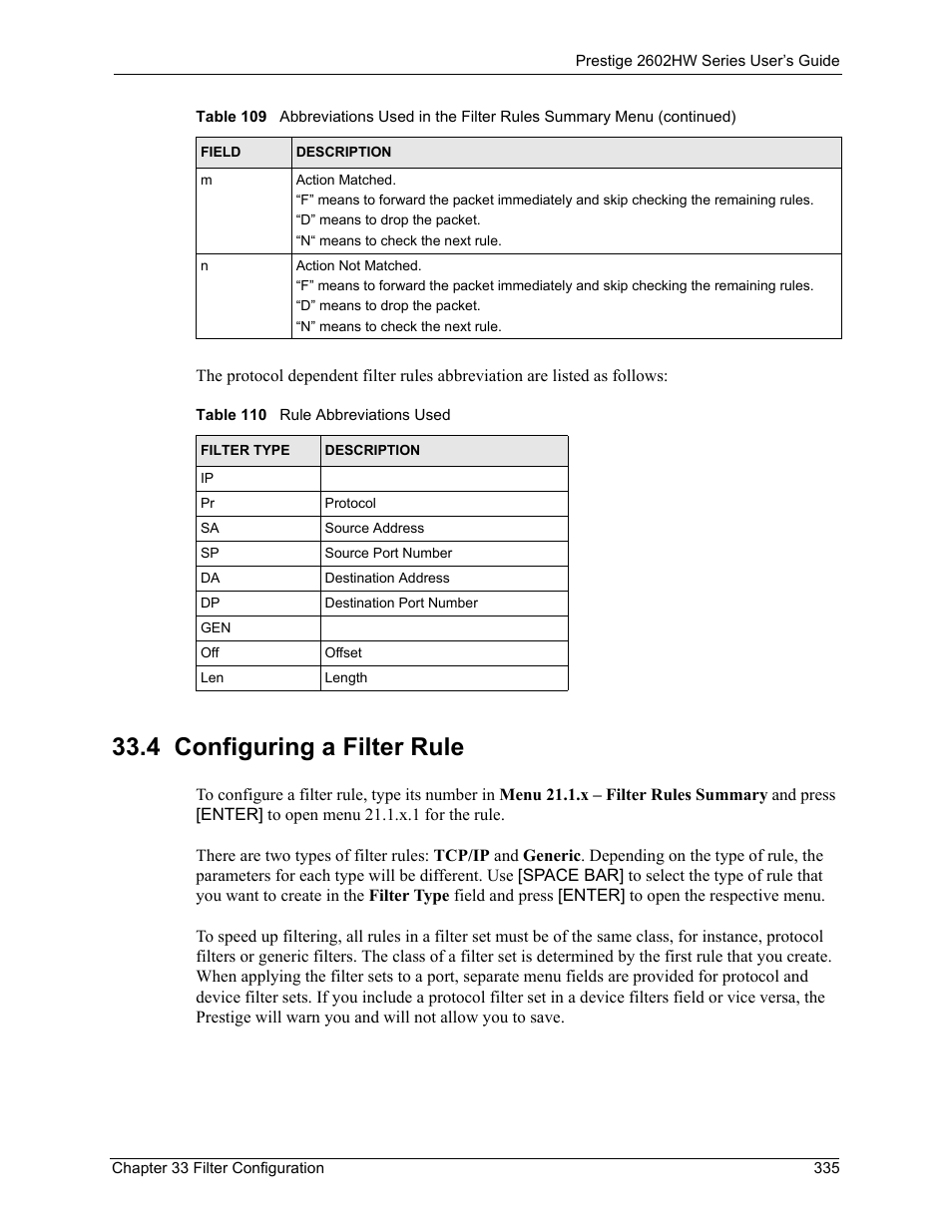 4 configuring a filter rule, Table 110 rule abbreviations used | ZyXEL Communications ADSL VoIP IAD with 802.11g Wireless 2602HW Series User Manual | Page 335 / 519