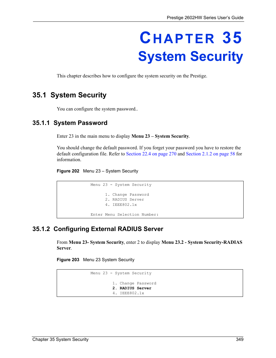 System security, 1 system security, 1 system password | 2 configuring external radius server, Chapter 35 system security | ZyXEL Communications ADSL VoIP IAD with 802.11g Wireless 2602HW Series User Manual | Page 349 / 519
