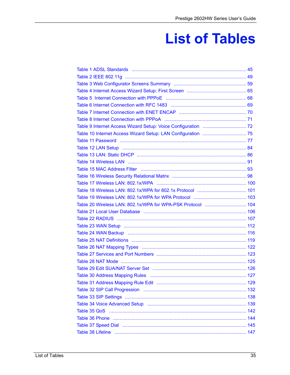 List of tables | ZyXEL Communications ADSL VoIP IAD with 802.11g Wireless 2602HW Series User Manual | Page 35 / 519