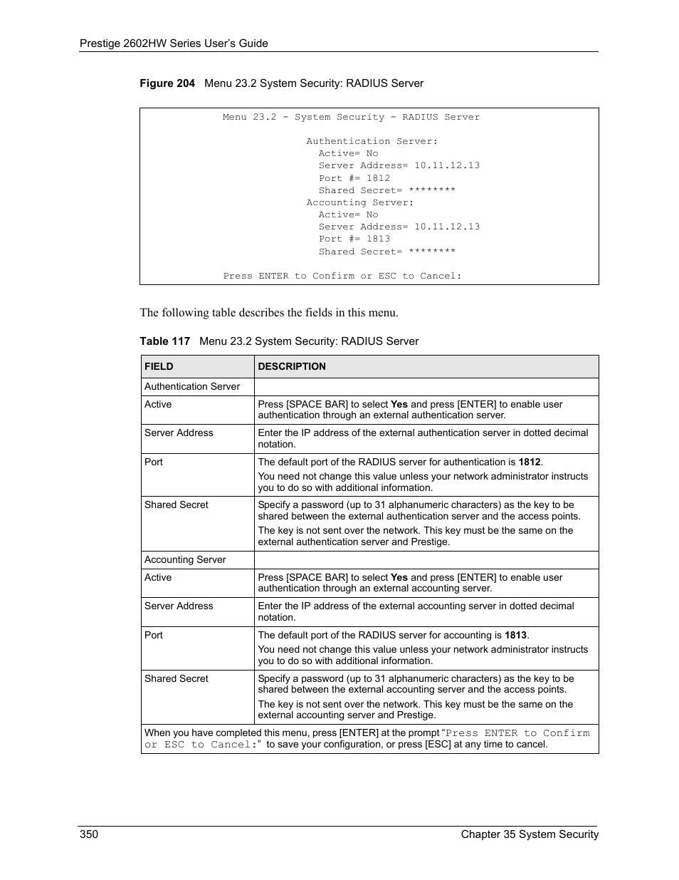 Table 117 menu 23.2 system security: radius server | ZyXEL Communications ADSL VoIP IAD with 802.11g Wireless 2602HW Series User Manual | Page 350 / 519